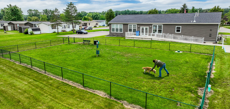 Resident playing with dog in fenced pet park at The Reserves manufactured home community in Jackson Michigan